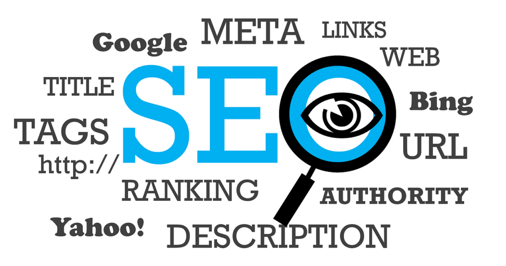 SEO word cloud featuring meta tags, ranking, authority, URL, and search engine terms like Google and Bing.